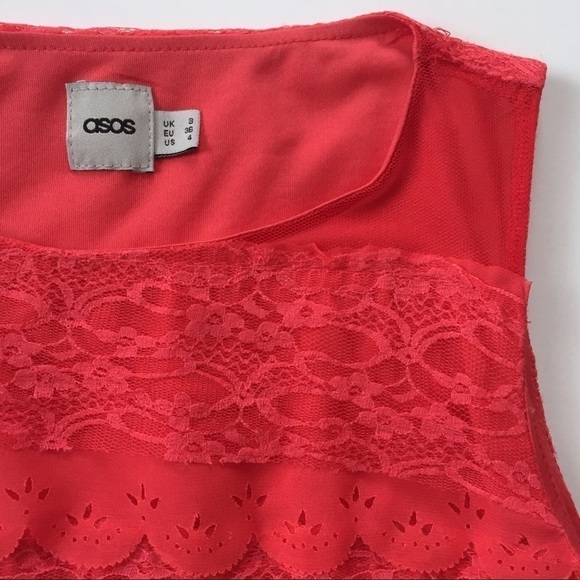 ASOS Lace Overlay Lined Dress Size 4 Pink Salmon - Picture 2 of 7